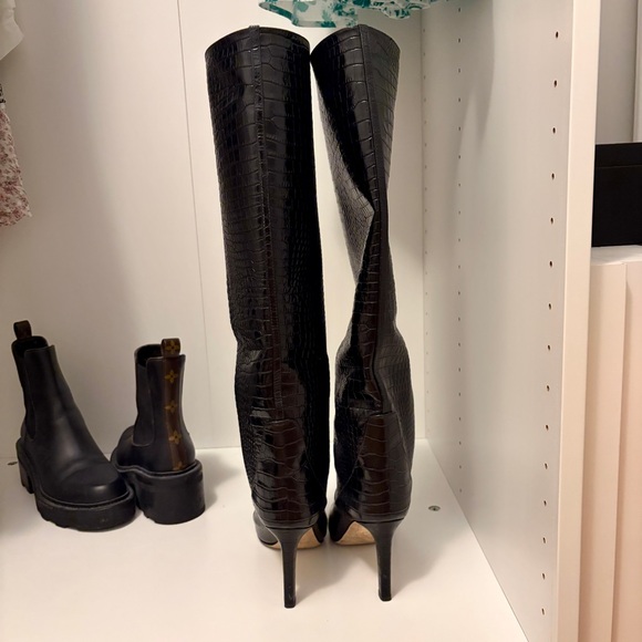 EUC JIMMY CHOO Black Mavis 85 Croc-Embossed Leather Pointed-Toe High Boots 8 39 - Picture 9 of 12